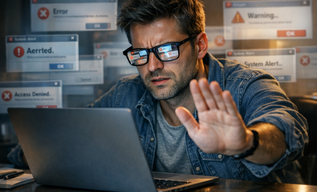 Frustrated user ignoring intrusive exit popup