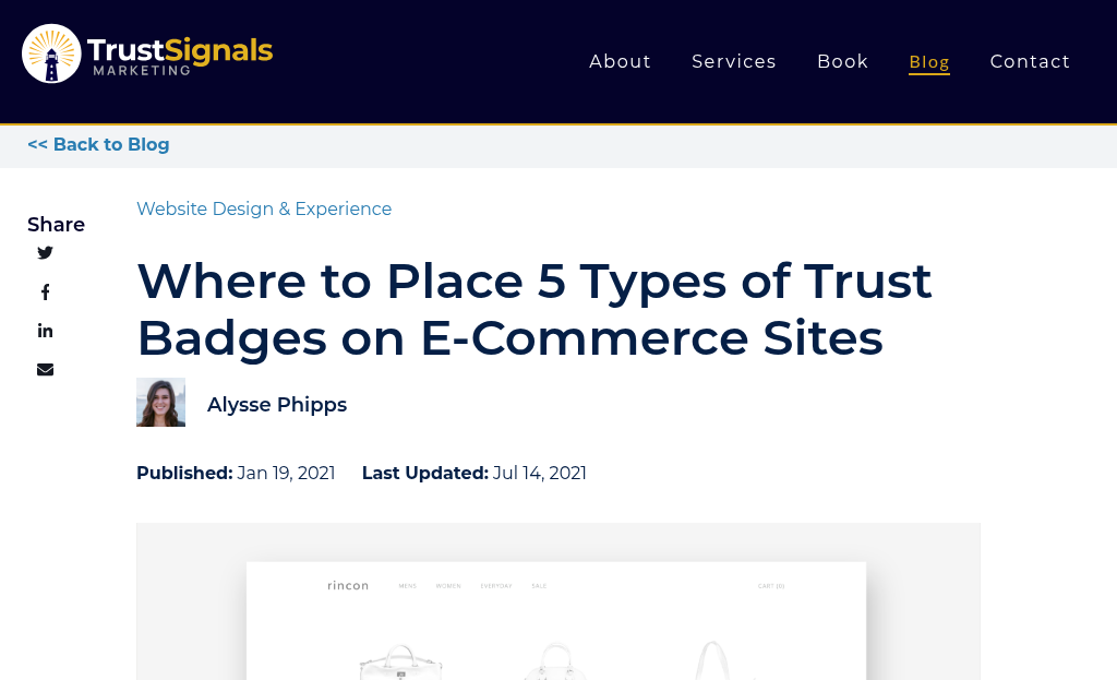 Website trust badges and customer testimonials displayed