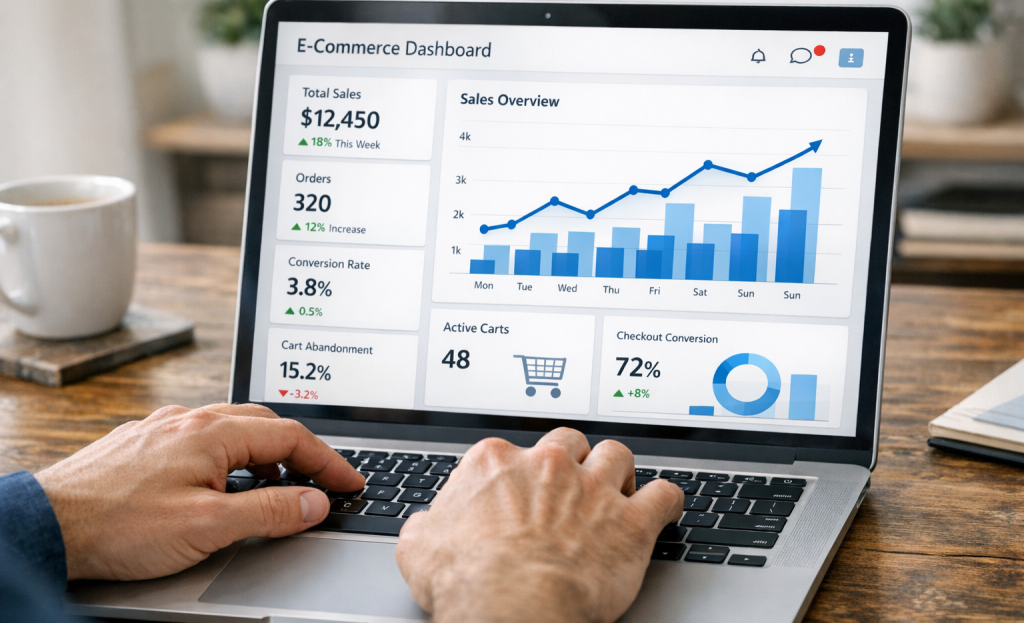 Shopify store owner analyzing conversion rate data