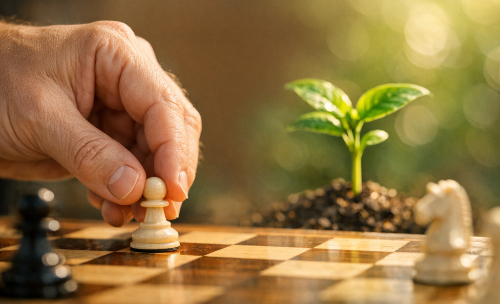 Chess pieces on a strategic game board