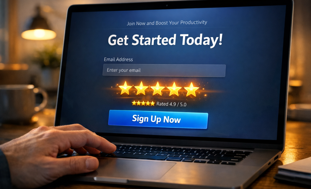 Customer testimonials displayed on signup page