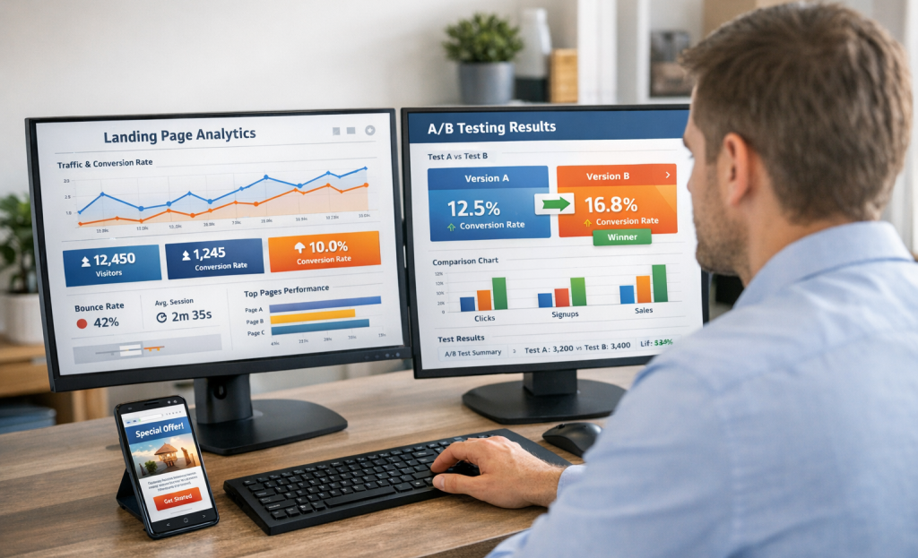 Person optimizing landing page conversion tools