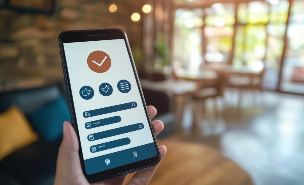 Two people comparing digital survey interfaces