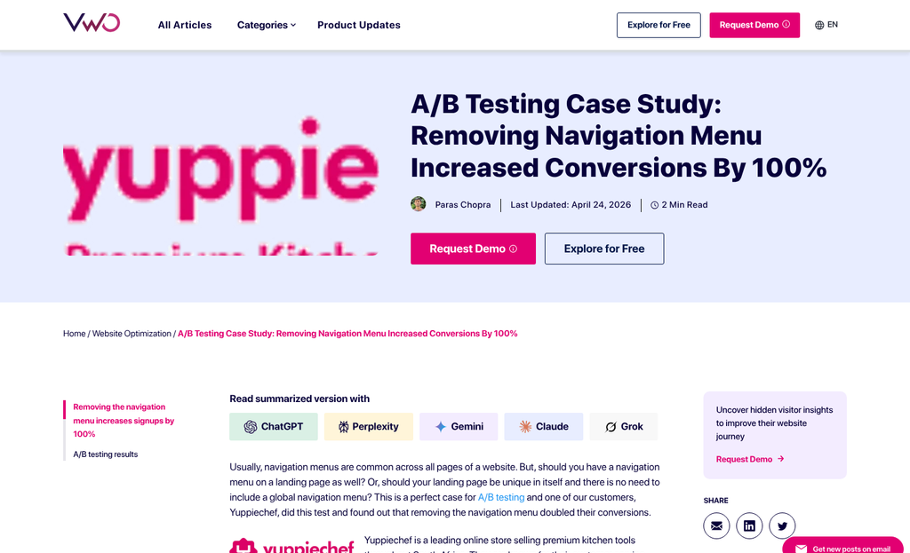 Landing page without navigation menu links