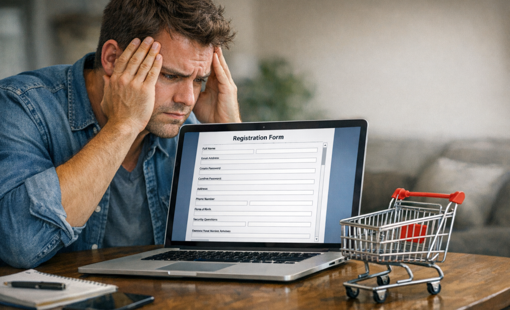 Frustrated customer abandoning lengthy checkout form