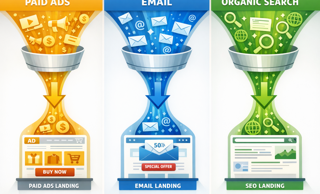 Traffic routing diagram to segmented landing pages