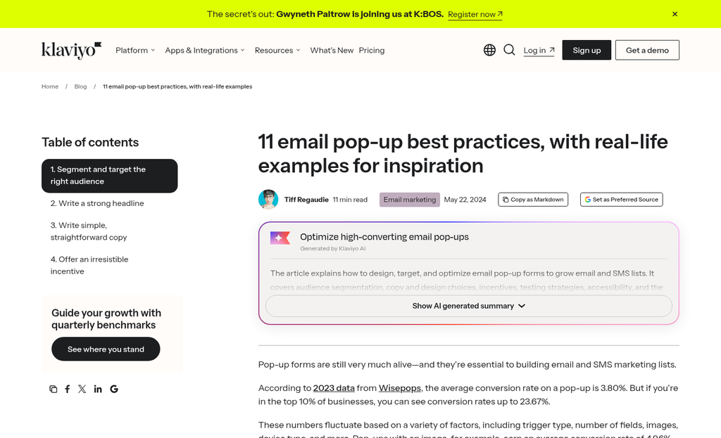 Website with prominent opt-in form placement