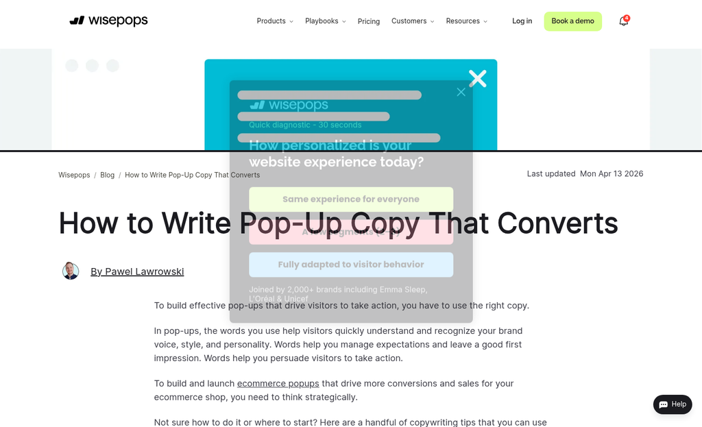 Popup window displaying welcoming first impression copy