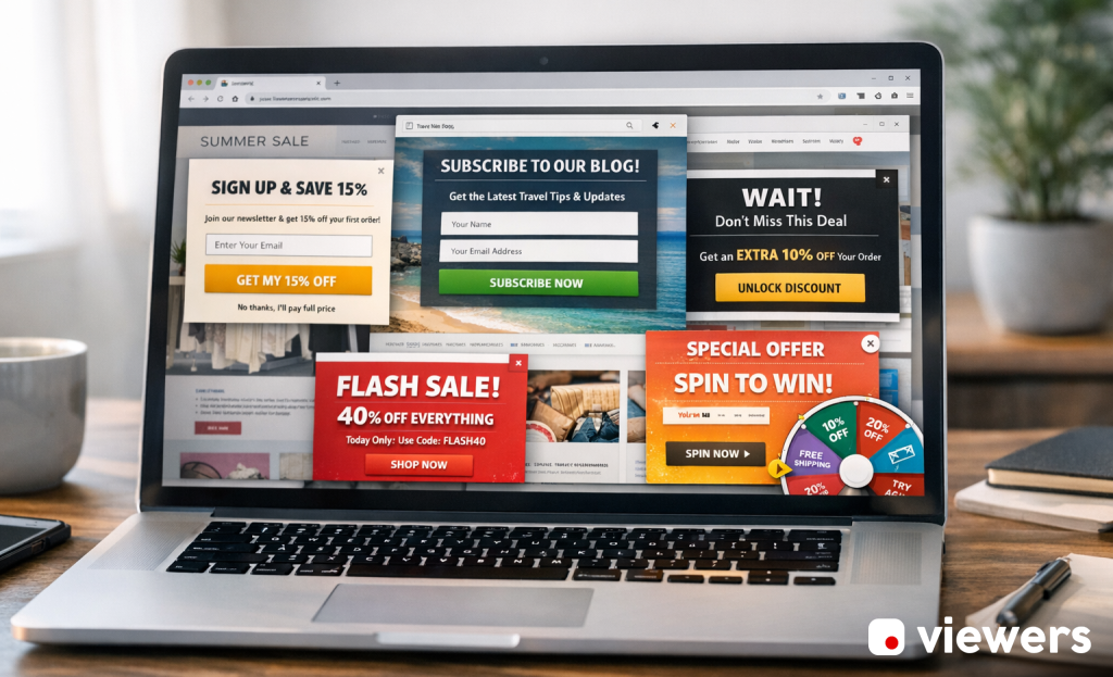 Various exit-intent popup types displayed on screen