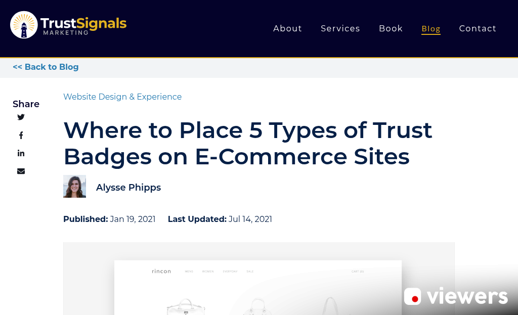 Website trust badges and customer testimonials displayed